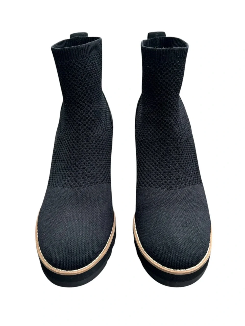Eileen Fisher Quill Black Stretch Knit Platform Wedge‎ Booties - Size 8.5
